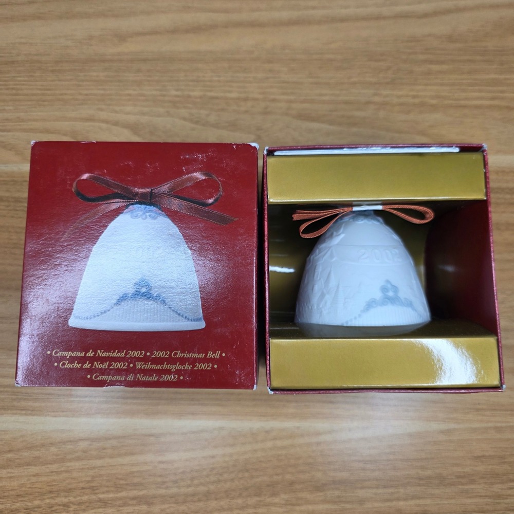 Lladro 2002 Christmas Bell Ornament White Blue Porcelain In Box Made In Spain